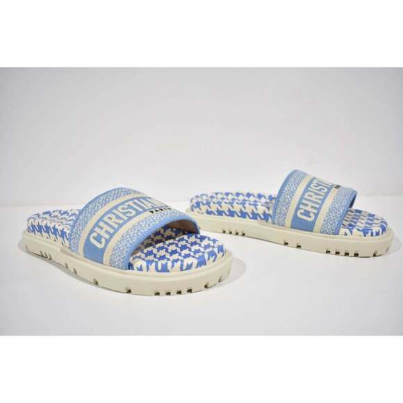 Christian Dior Dway Blue White Logo Houndstooth Slide Mule Flat Flop Sandal 40 - Picture 4 of 12
